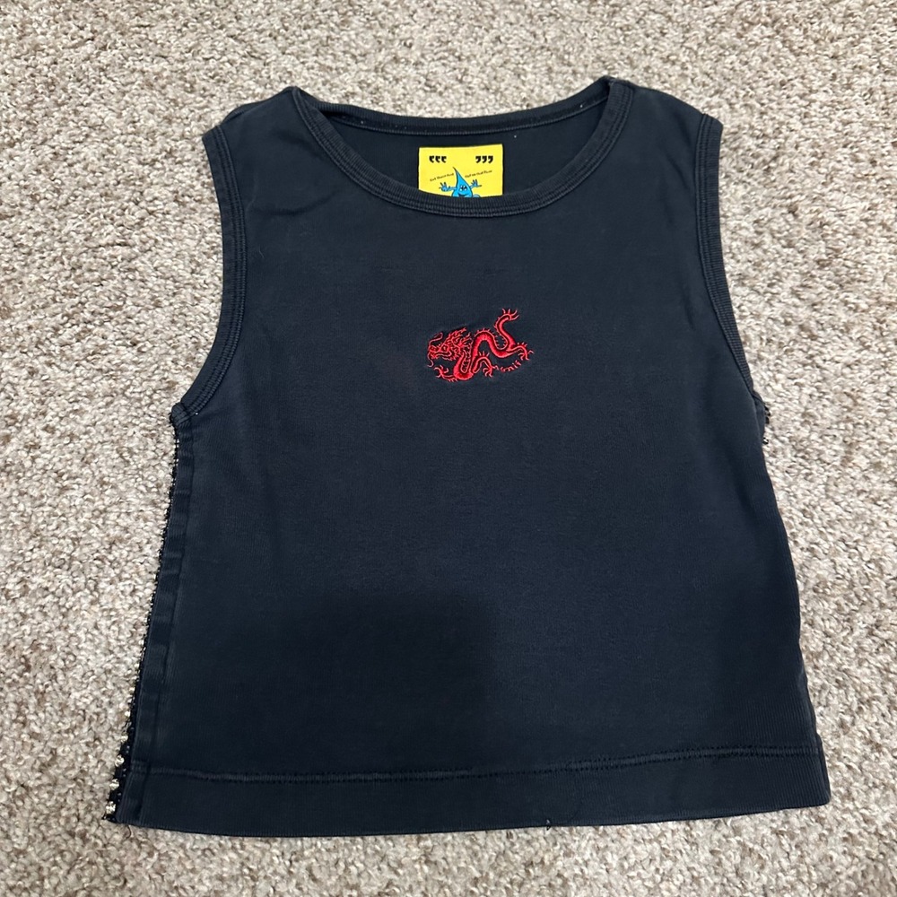 UNIF Womens Dragon Embroidered Crop Tank Top S Black Preowned Rhinestone Side